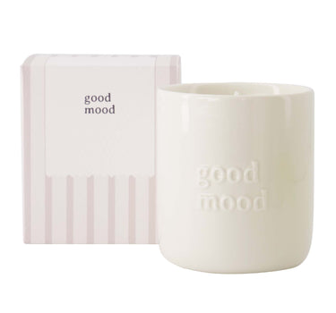 Duftkerze aus Keramik in einer Schachtel „Good Mood“ | Weiß / Sand