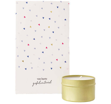 Duftkerze in einer Geschenkdose „Herzlichen Glückwunsch“ | Multicolor von Zusss, goldfarbene Geschenkdose mit Herzmuster.