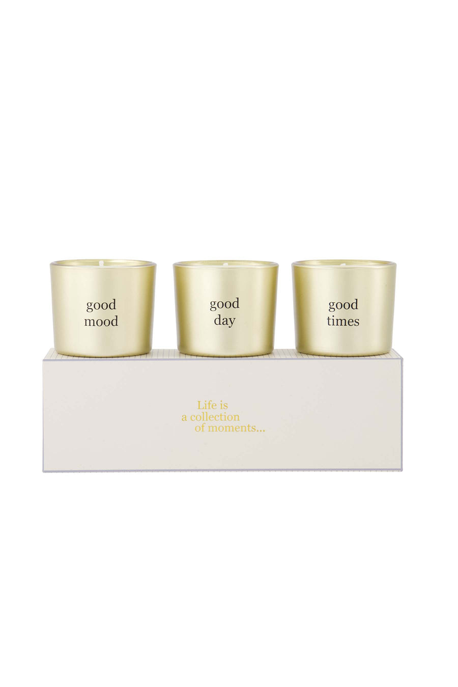 set van 3 glaskaarsjes in doosje blauw / wit / goud | white / gold