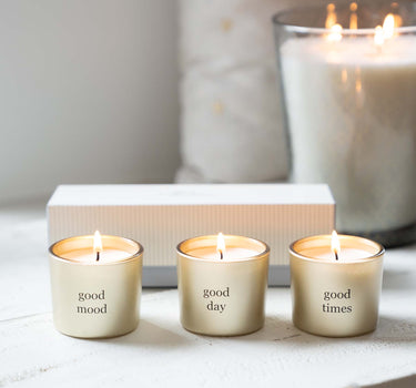 Set of 3 glass candles in a box: blue / white / gold | white / gold