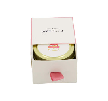 geurkaars tinnen in schuifdoosje gefeliciteerd taart wit/roze | white / pink