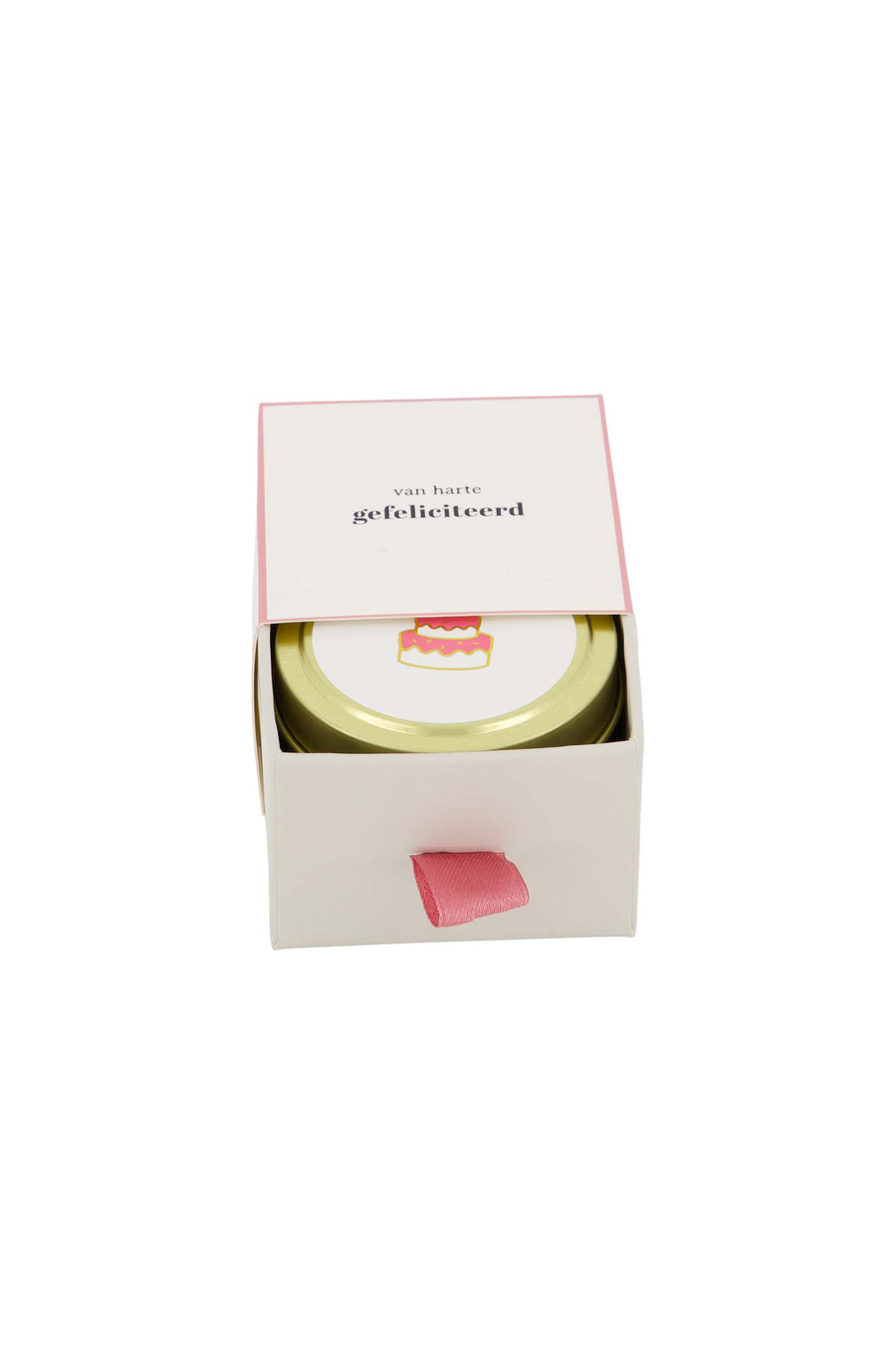 geurkaars tinnen in schuifdoosje gefeliciteerd taart wit/roze | white / pink