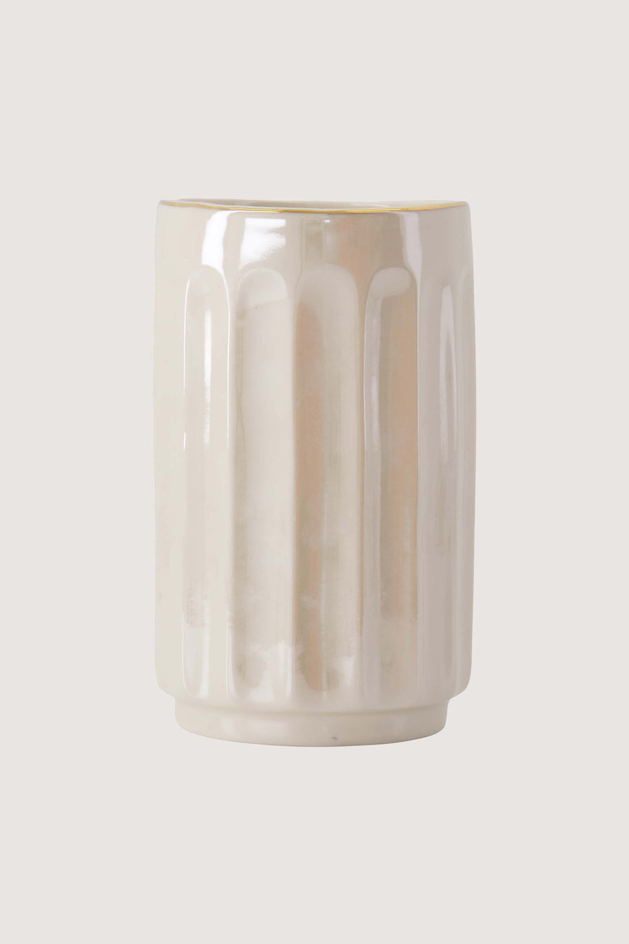 tafelvaasje keramiek ribbel parelmoer | wit / goud