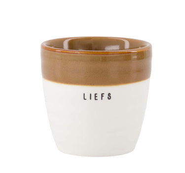 Espressotasse „Liefs“ | Weiß/Braun von Zusss, Keramikbecher mit braunem Rand.