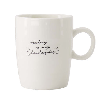"Favorite Day" white/black tea mug by Zusss, white ceramic mug with handle and text.