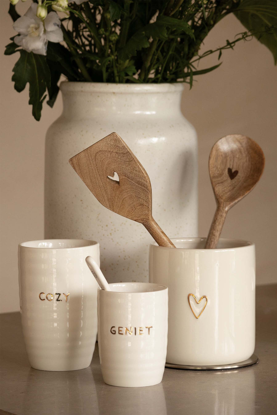 koffiemok geniet | white / gold