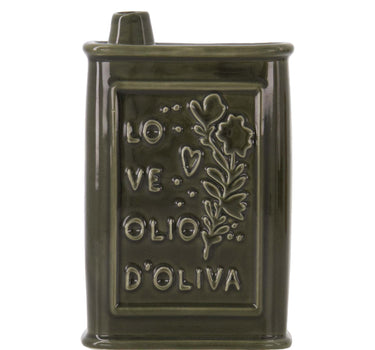 Dark green ceramic olive oil bottle by Zusss with colorful embossed decoration.