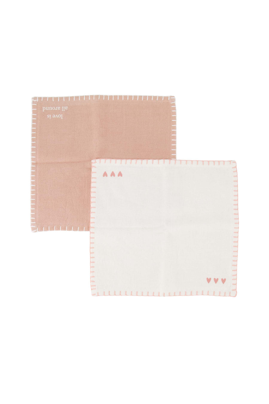 set of 2 dishcloths hearts love is all around | off white / pink
