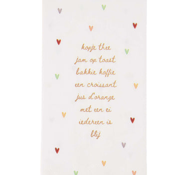 Rechteckige Servietten „Jeder ist glücklich“ mit Herzchen | Off-White / Multicolor von Zusss, Papierservietten mit goldenem Schriftzug und bunten Herzchen.