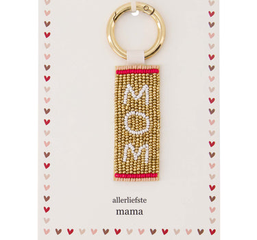 ansichtkaart sleutelhanger mom | multicolor van Zusss, gouden kralenband met witte tekst