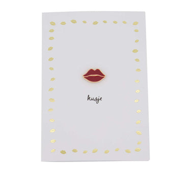 wenskaart broche kusje wit/rood/goud | red / white / gold