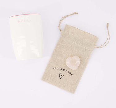 cadeauset Best Sister & Blij met Jou - Koffiemok & gelukssteentje in zakje - Wit/lichtroze & zand/goud