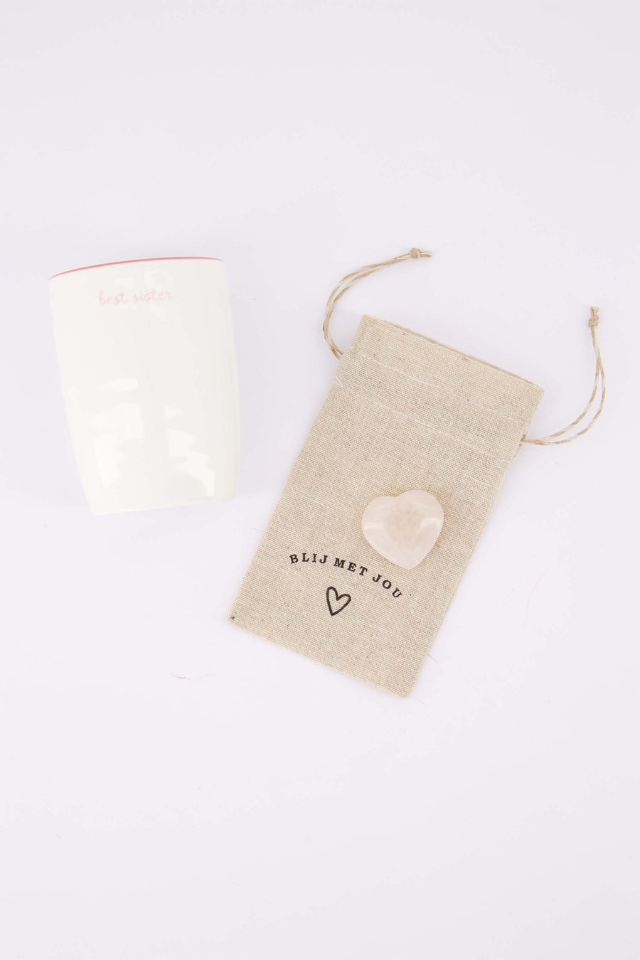 cadeauset Best Sister & Blij met Jou - Koffiemok & gelukssteentje in zakje - Wit/lichtroze & zand/goud