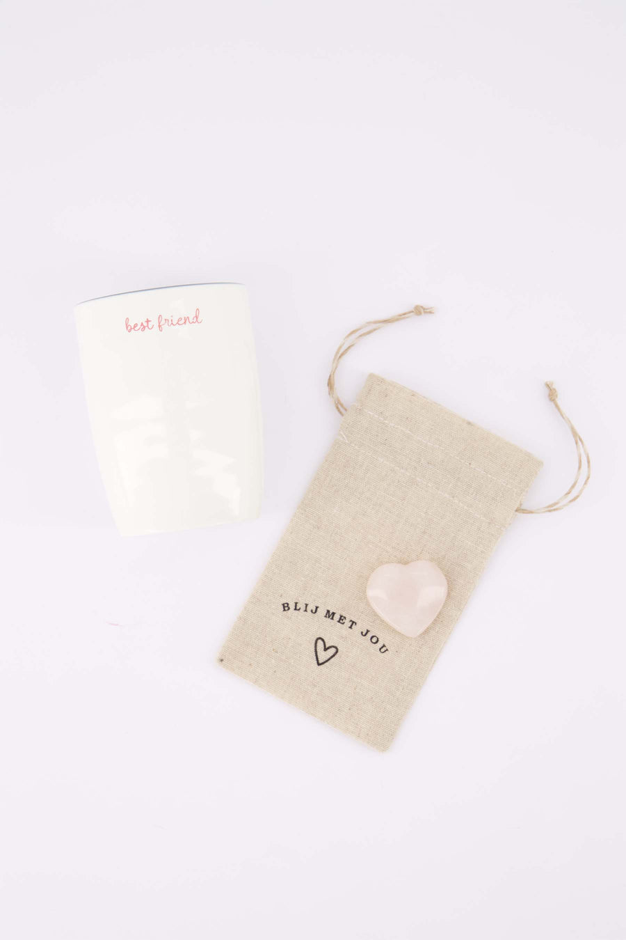 cadeauset Best Friend & Blij met Jou - Koffiemok & gelukssteentje in zakje - Wit/donkerroze & zand/goud