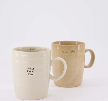 set van 2 theemokken Smile Every Day & Vol van Liefde - Keramiek - Zand