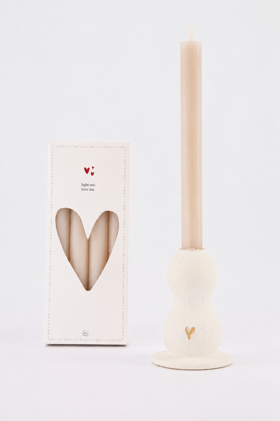 kaarsenset Hartje - Kandelaar organisch & 4 rustieke kaarsen - Wit/goud & beige
