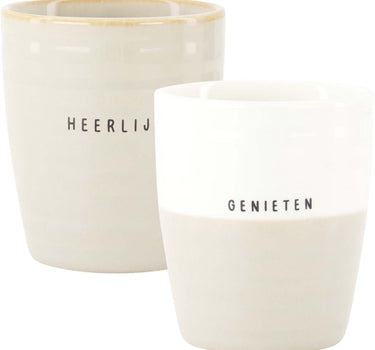 Set van 2 koffiemokken – Genieten & Heerlijk – Aardewerk – Wit/Zand
