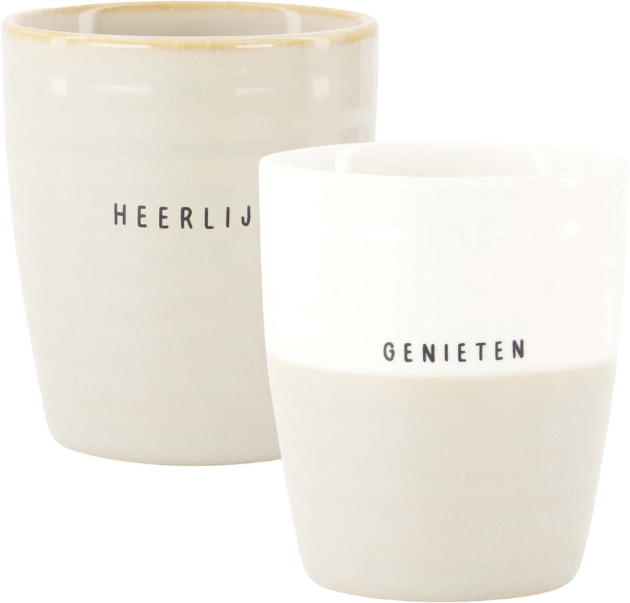 Set van 2 koffiemokken – Genieten & Heerlijk – Aardewerk – Wit/Zand