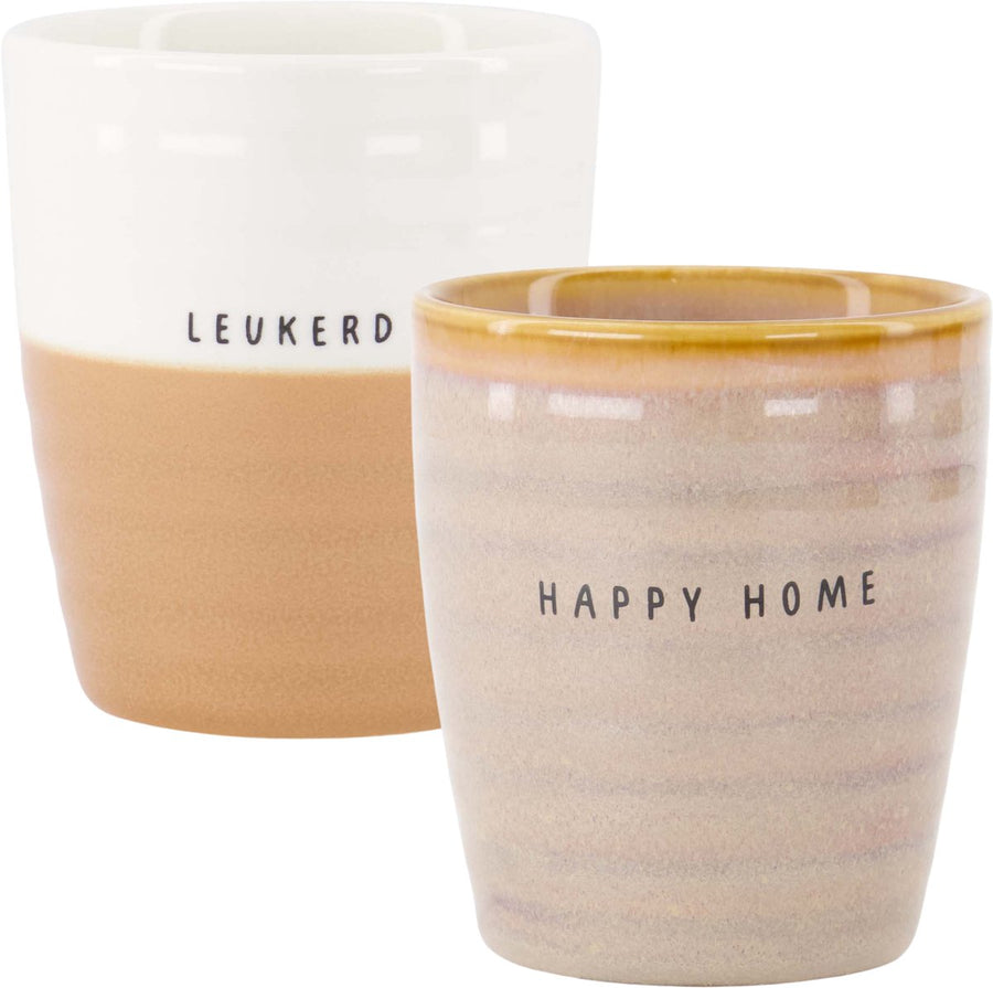 set van 2 koffiemokken Happy Home & Leukerd - Keramieken mokken - Crème/wit/camel - 225ml