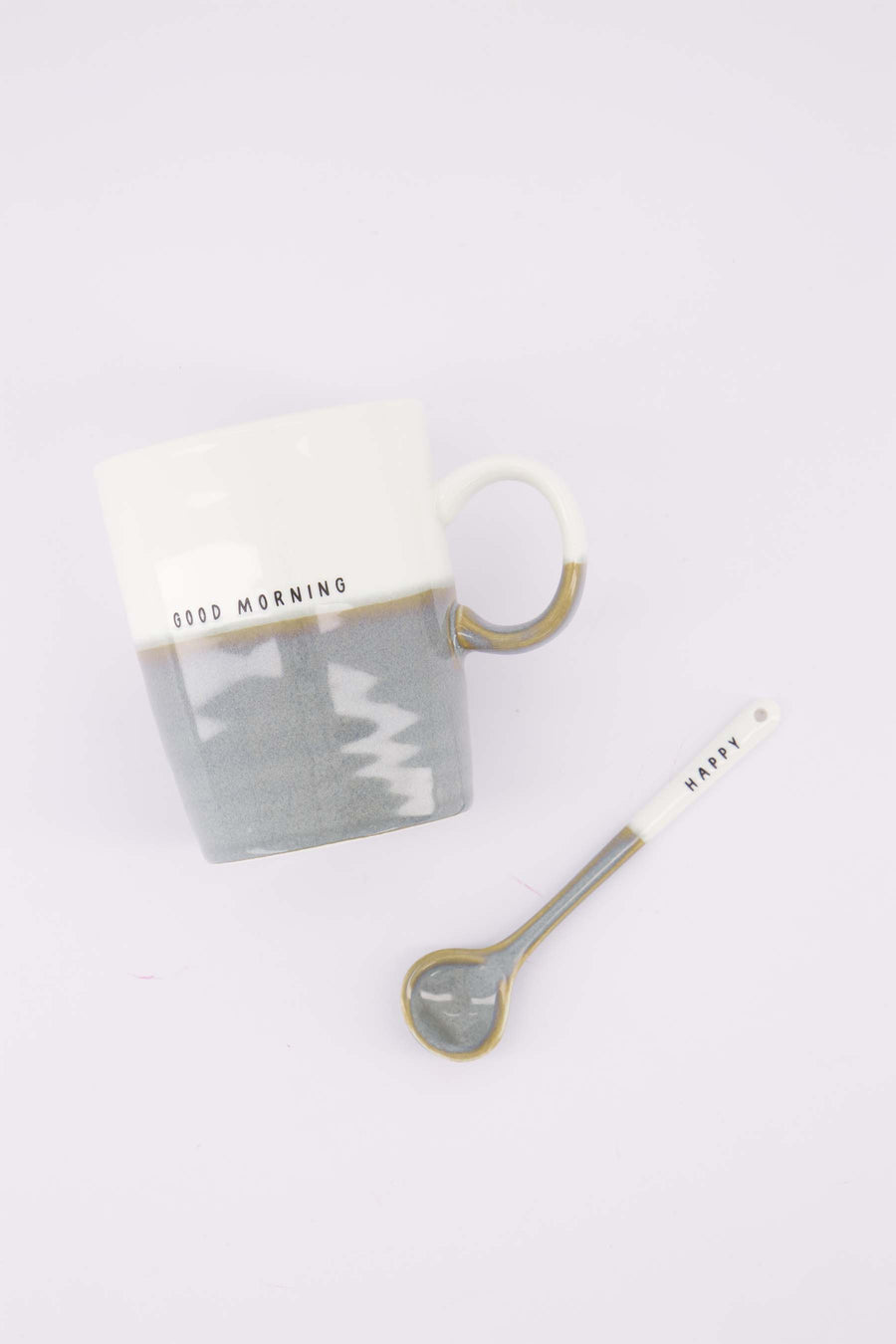 theeset Good Morning & Happy - Theemok & lepeltje - Wit/asblauw