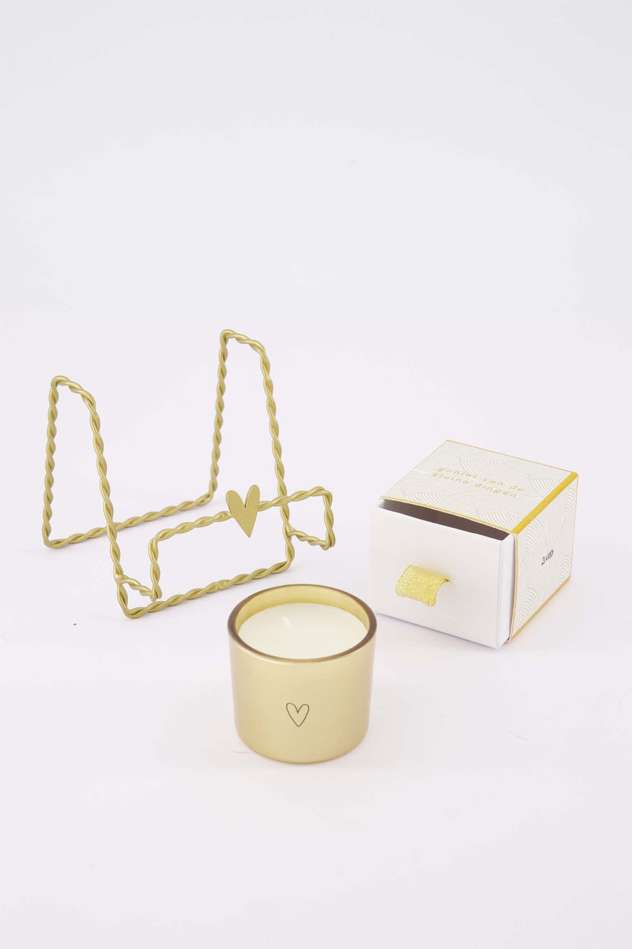 cadeauset Geniet van de kleine dingen - Kaartenstandaard hartje & geurkaars in doosje - Goud/wit