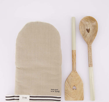 keukenset Happiness & Hartje - Ovenwant, houten lepel & spatel - Zand & naturel/wit