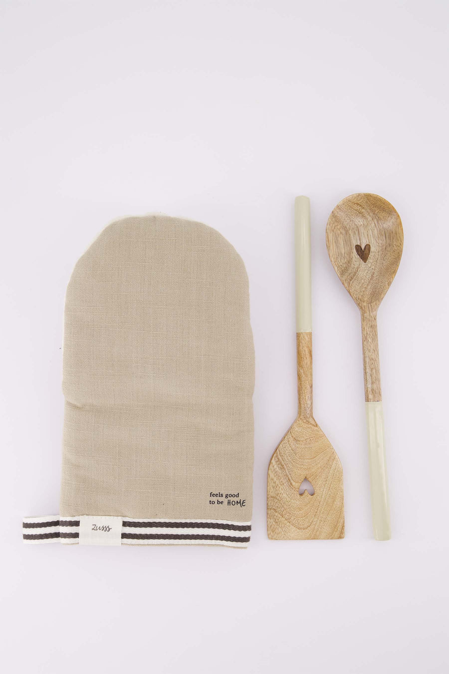 keukenset Happiness & Hartje - Ovenwant, houten lepel & spatel - Zand & naturel/wit