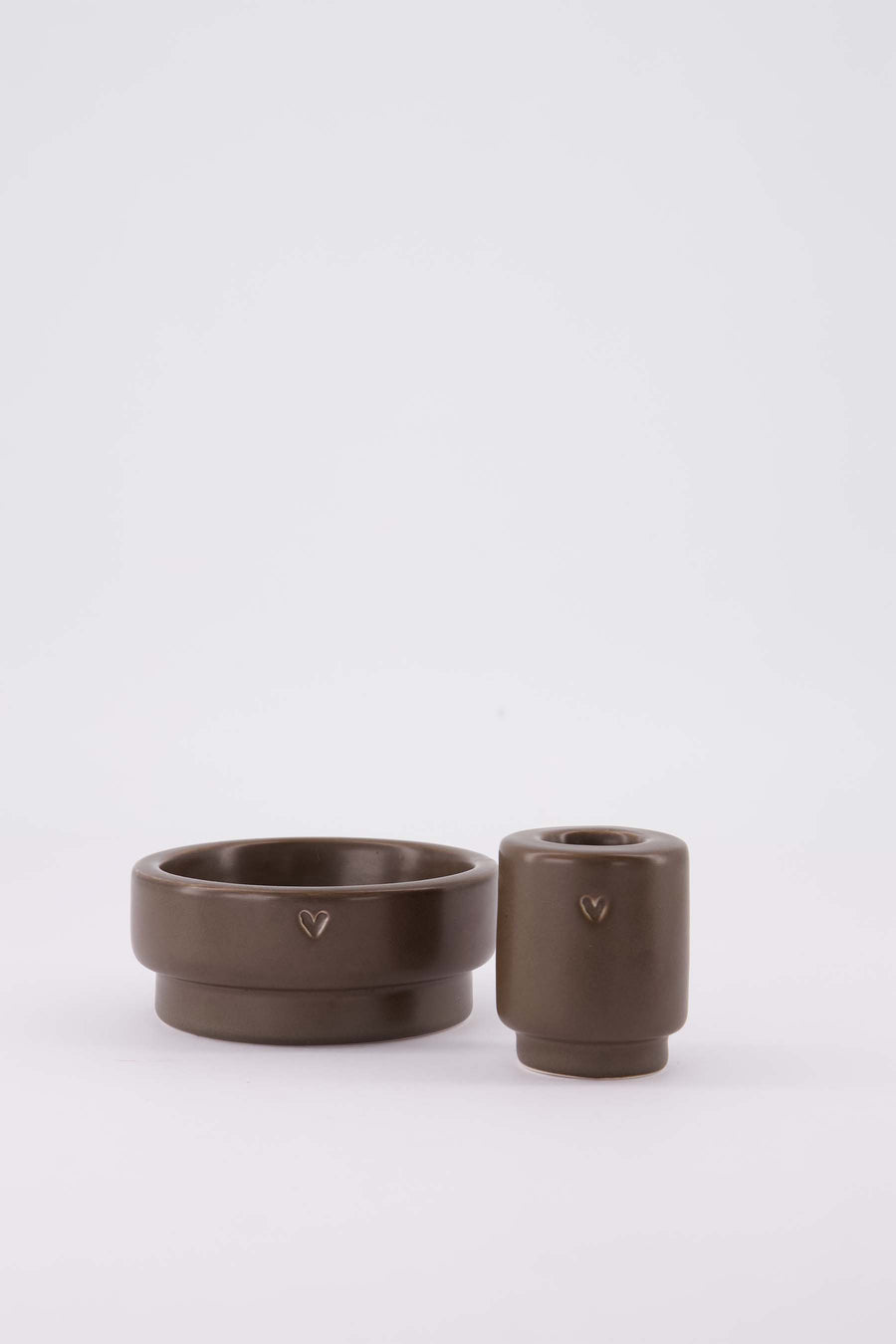 decoratieset Hartje - Stompkaarskandelaar & kandelaar van keramiek - Donkerbruin