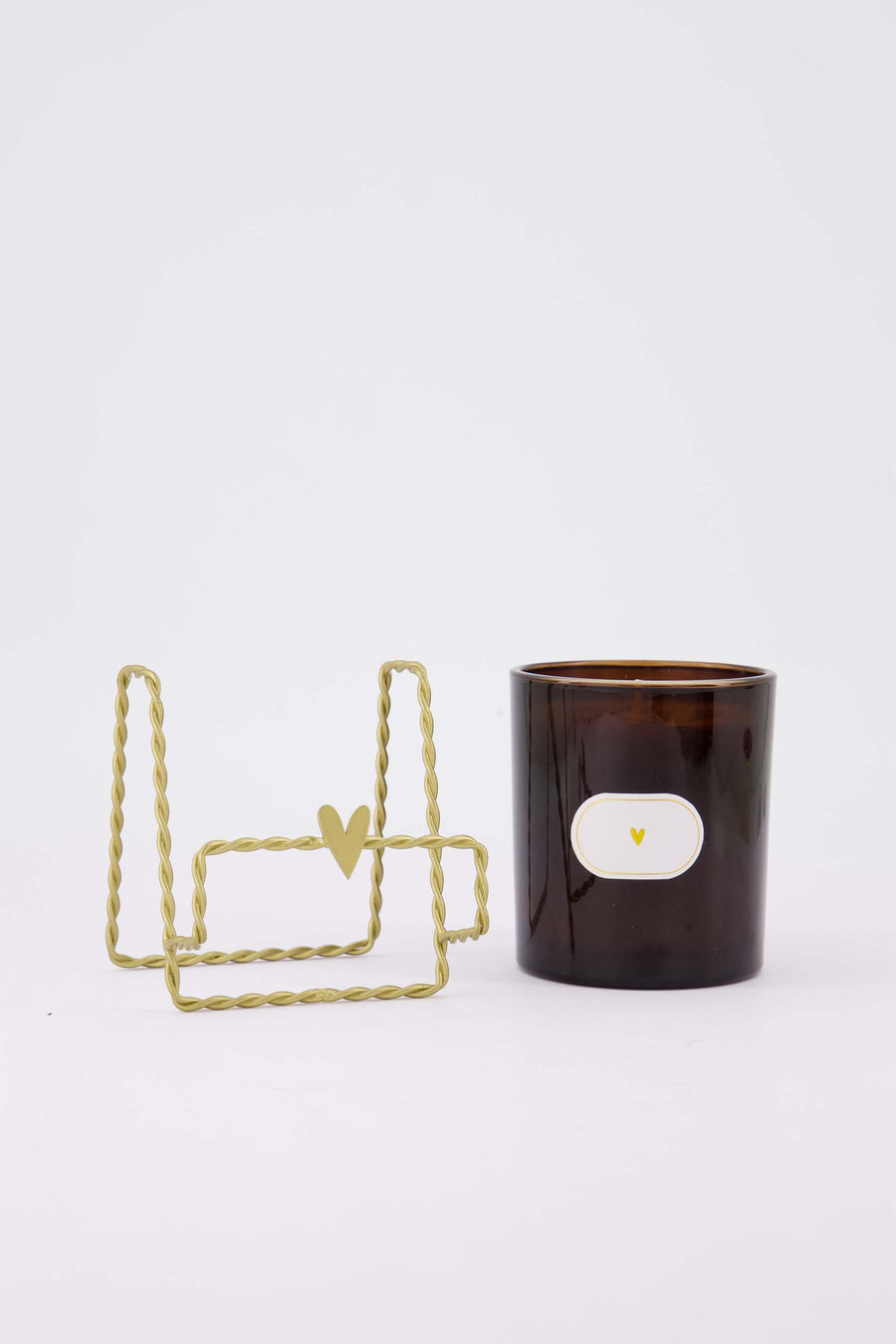 cadeauset Hartje - Geurkaars in glas & kaartenstandaard hartvorm - Bruin & donkerbruin
