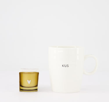cadeauset Beterschap & Kus - Geurkaarsje in wikkel & theemok - Wit/bruin & wit/zwart