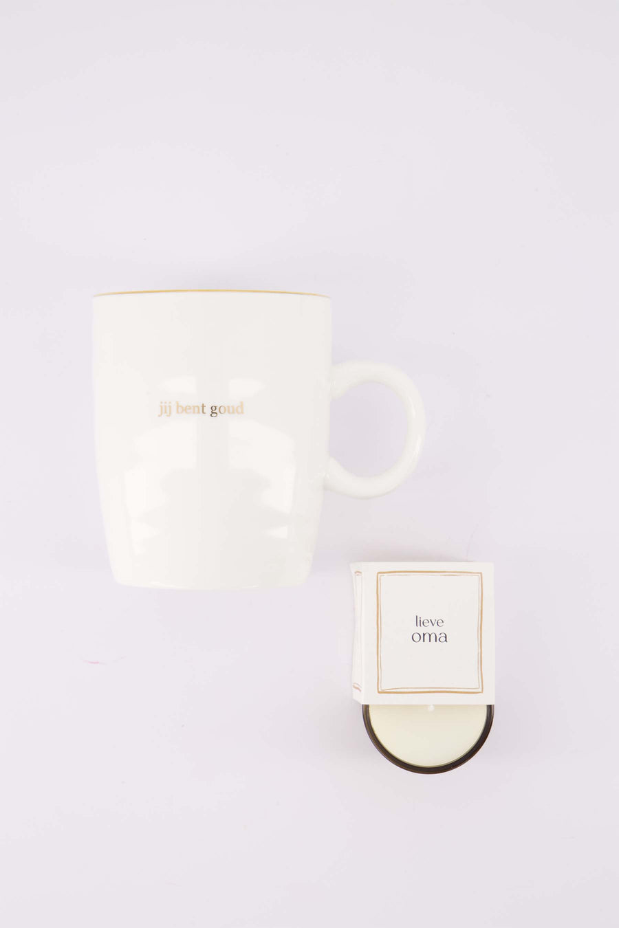 cadeauset Lieve Opa & Jij bent goud - Geurkaarsje in wikkel & theemok - Wit/goud