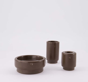 decoratieset Hartje - Stompkaarskandelaar, kandelaar & vaasje van keramiek - Donkerbruin