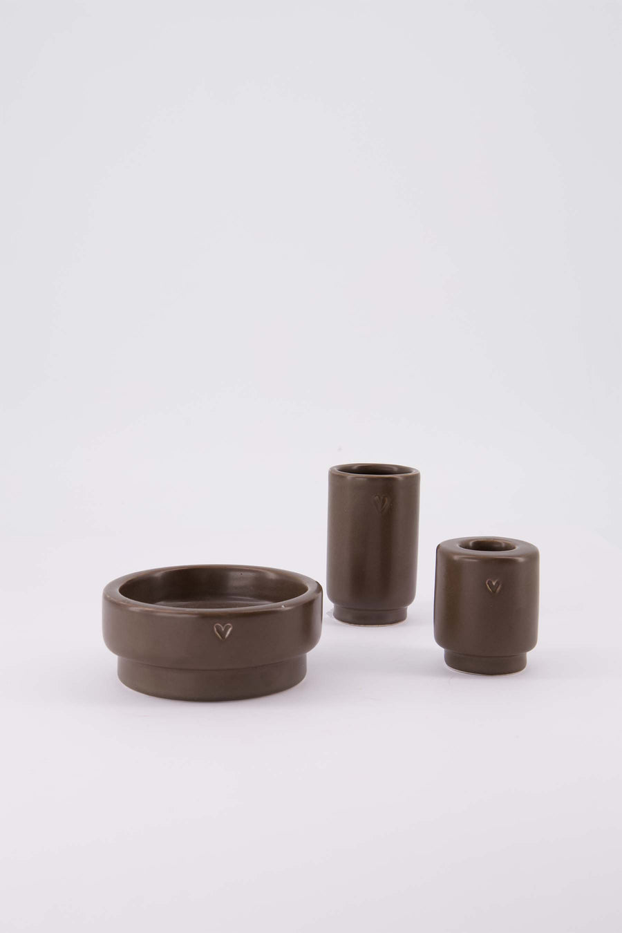 decoratieset Hartje - Stompkaarskandelaar, kandelaar & vaasje van keramiek - Donkerbruin