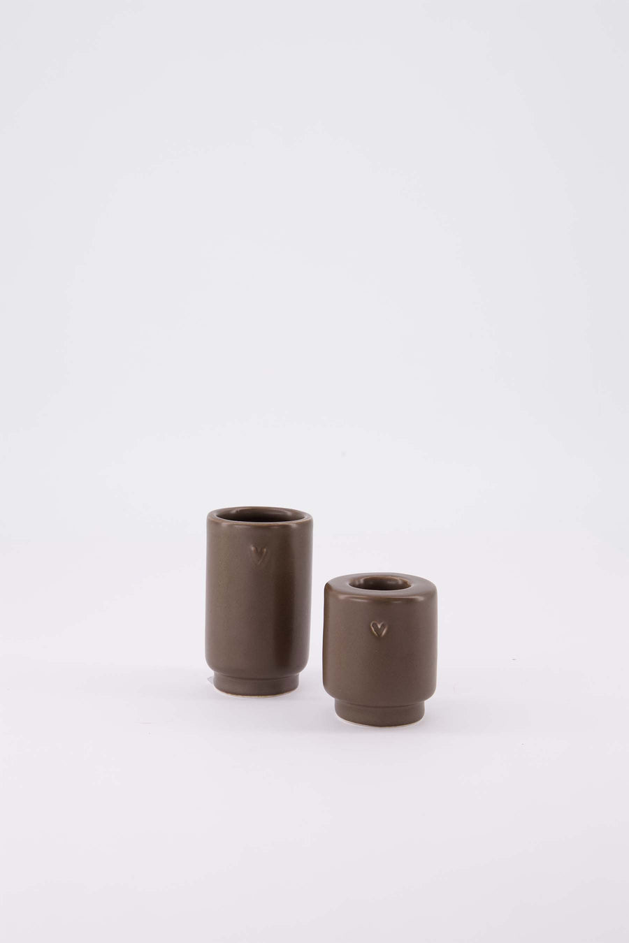 decoratieset Hartje - Kandelaar & vaasje van keramiek - Donkerbruin