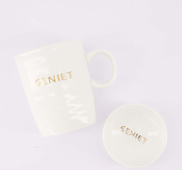 koffieset Geniet - Koffiemok & dipschaaltje - Wit/goud