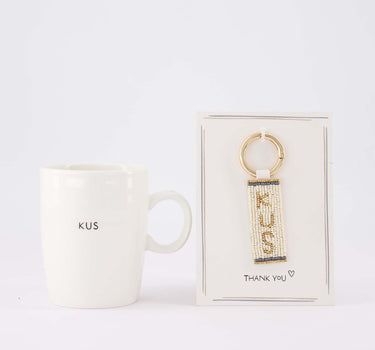 cadeauset Kus - Ansichtkaart met sleutelhanger & theemok - Wit/goud/blauw & wit/zwart