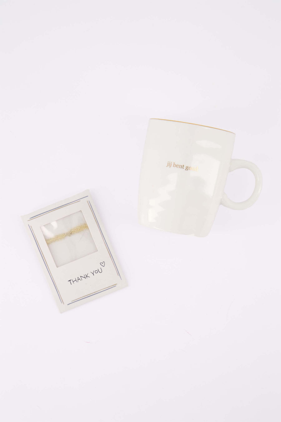 cadeauset Jij bent goud & Thank You - Theemok & armbandje hartje - Wit/goud & wit/goud/blauw