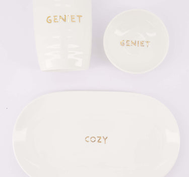 koffieset Geniet & Cozy - Koffiemok, dipschaaltje & serveerschaal - Wit/goud
