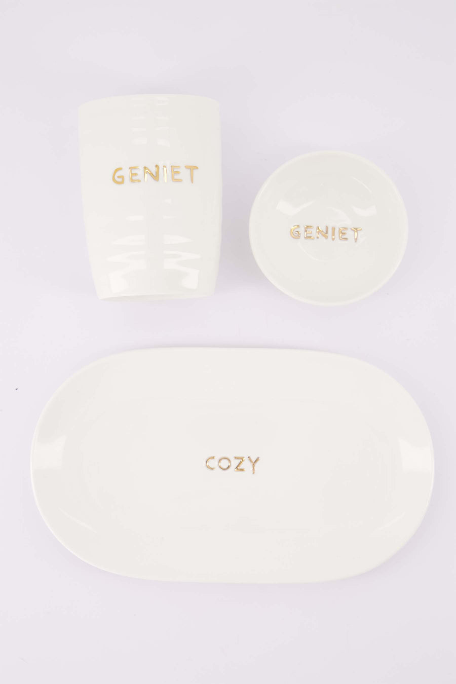 koffieset Geniet & Cozy - Koffiemok, dipschaaltje & serveerschaal - Wit/goud