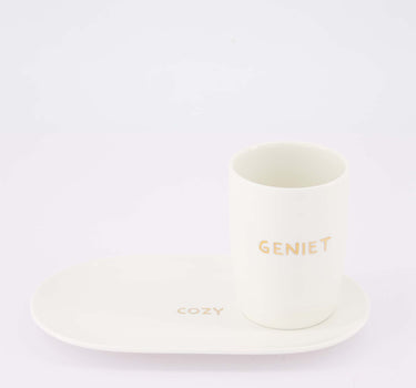 koffieset Geniet & Cozy - Koffiemok & serveerschaal - Wit/goud