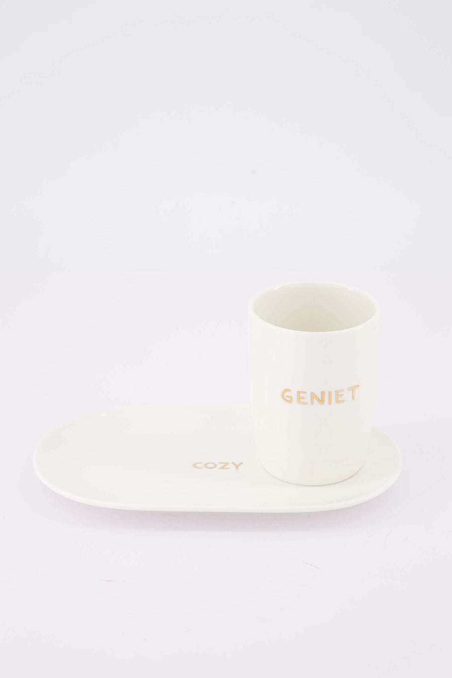 koffieset Geniet & Cozy - Koffiemok & serveerschaal - Wit/goud
