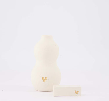 decoratieset Hartje - Kaartenstandaard & vaasje van keramiek - Wit/goud