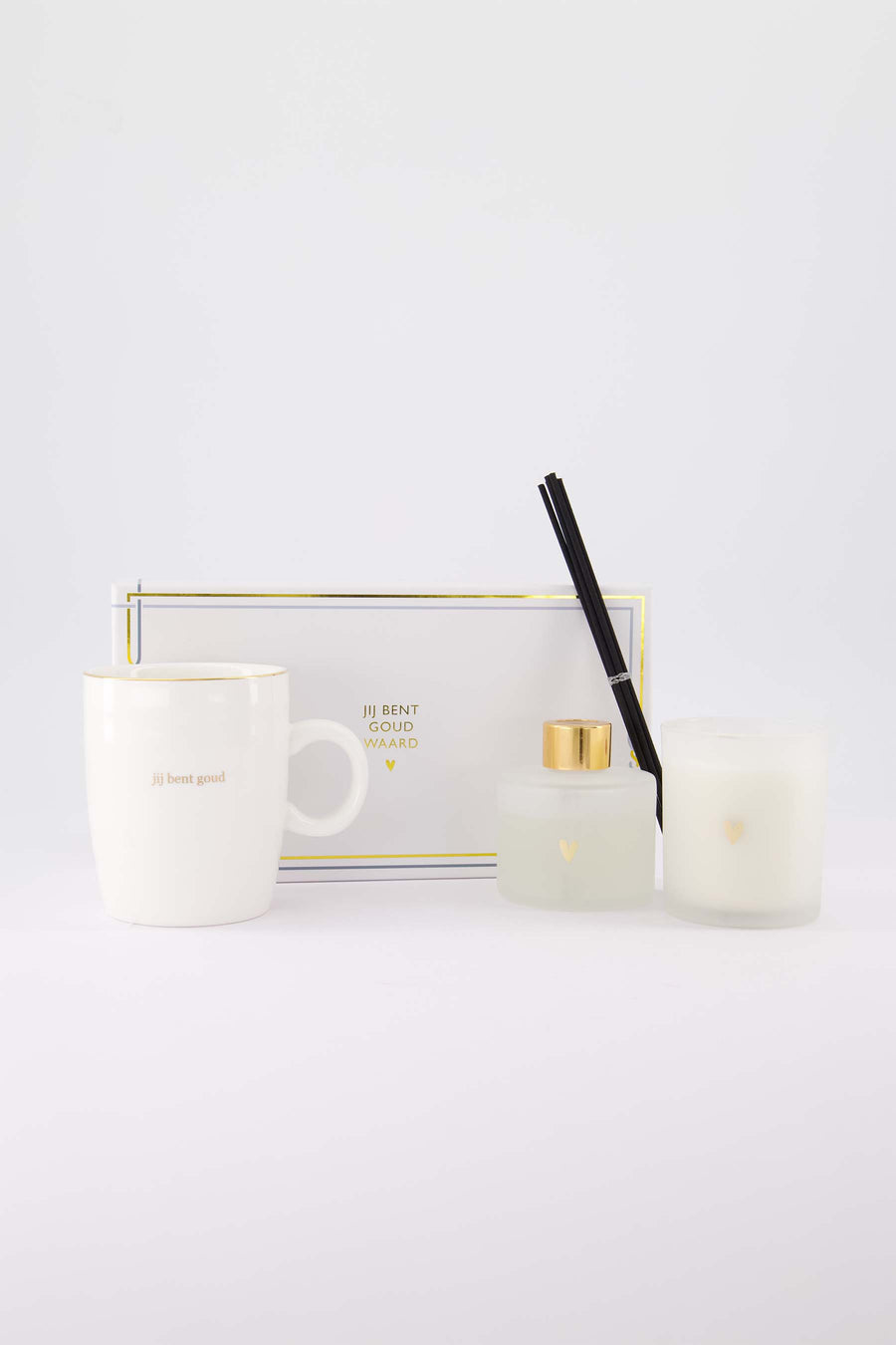 cadeauset Jij bent goud waard & Jij bent goud - Giftset geurkaars met geurstokjes & theemok - Wit/goud/blauw & wit/goud