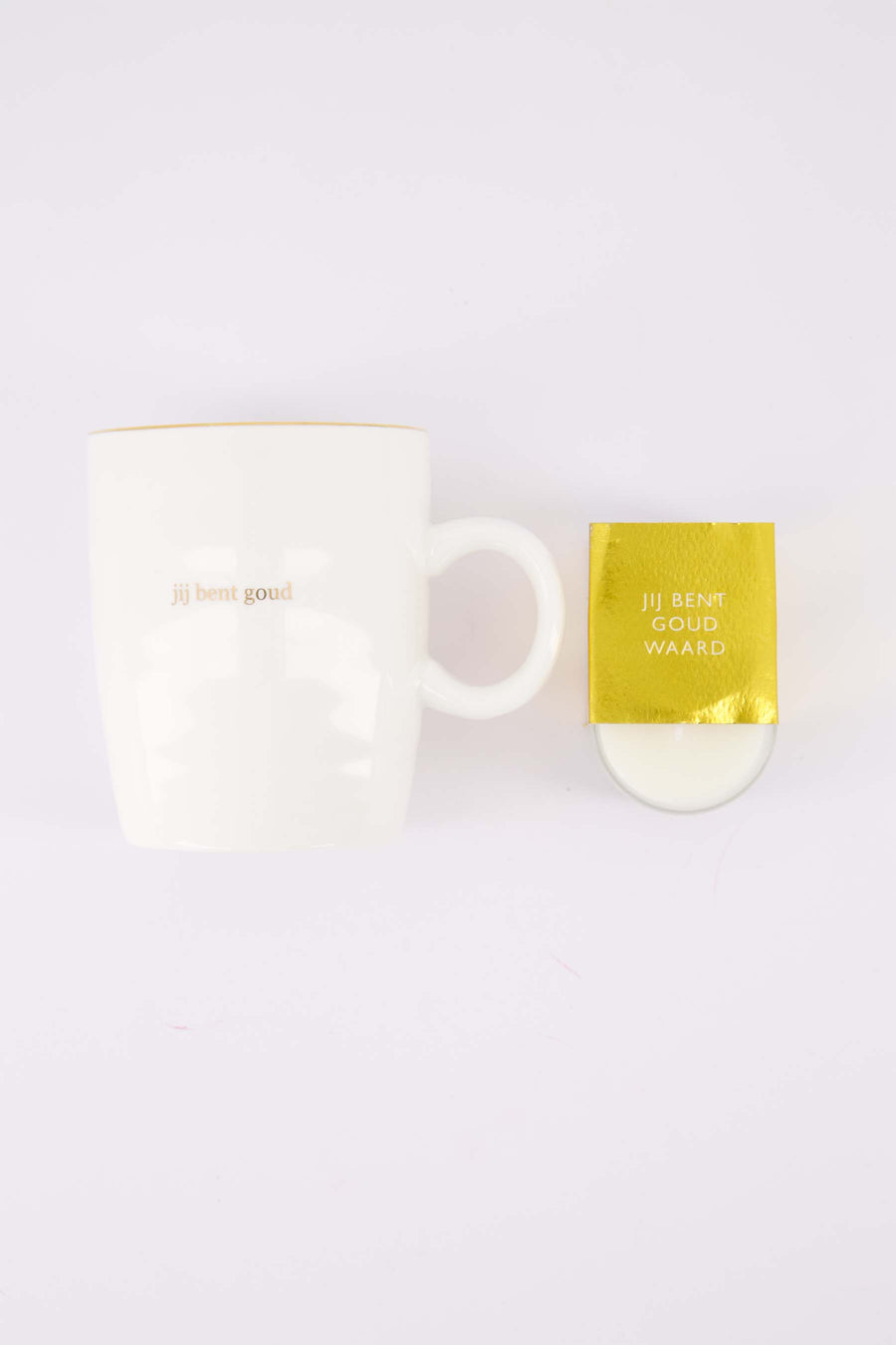 cadeauset Jij bent goud - Theemok & geurkaarsje in wikkel Jij bent goud waard - Wit/goud