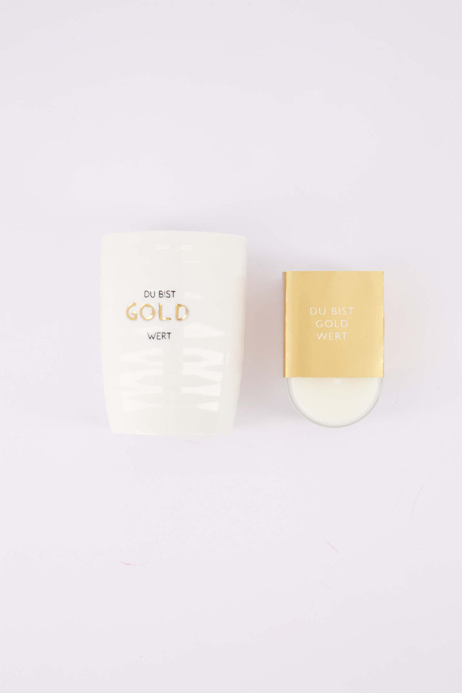 cadeauset Du Bist Gold Wert - Koffiemok & geurkaarsje in wikkel - Wit/goud