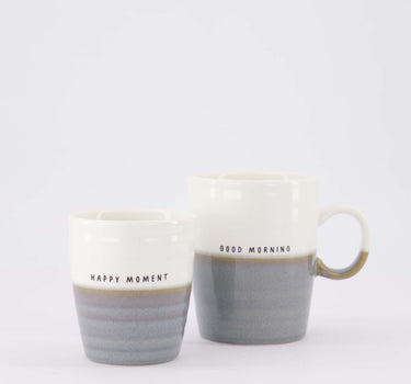 set van 2 mokken Good Morning & Happy Moment - Theemok & koffiemok - Wit/asblauw