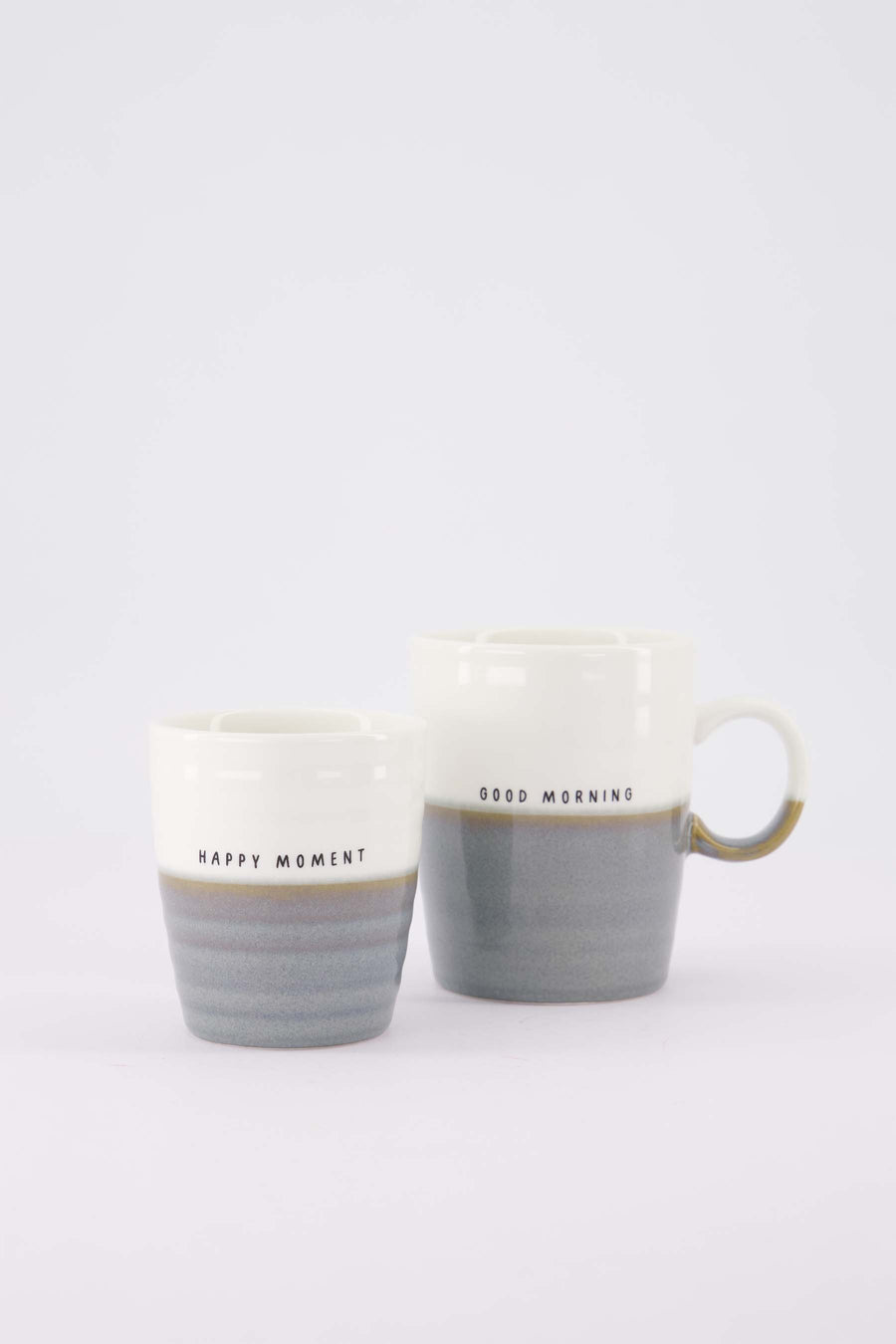set van 2 mokken Good Morning & Happy Moment - Theemok & koffiemok - Wit/asblauw