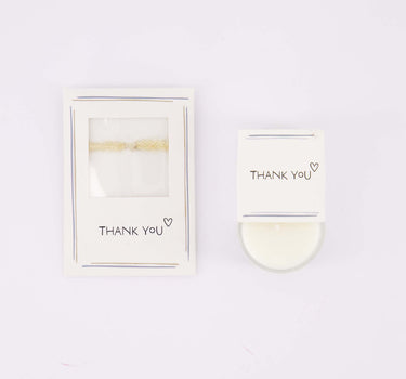 cadeauset Thank You - Armbandje hartje & geurkaarsje in wikkel - Wit/goud/blauw