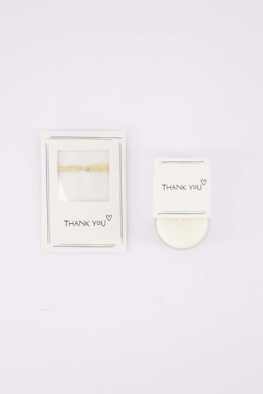 cadeauset Thank You - Armbandje hartje & geurkaarsje in wikkel - Wit/goud/blauw