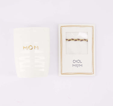 cadeauset Mom & Cool Mom - Koffiemok & armbandje gevlochten - Wit/goud & wit/oker